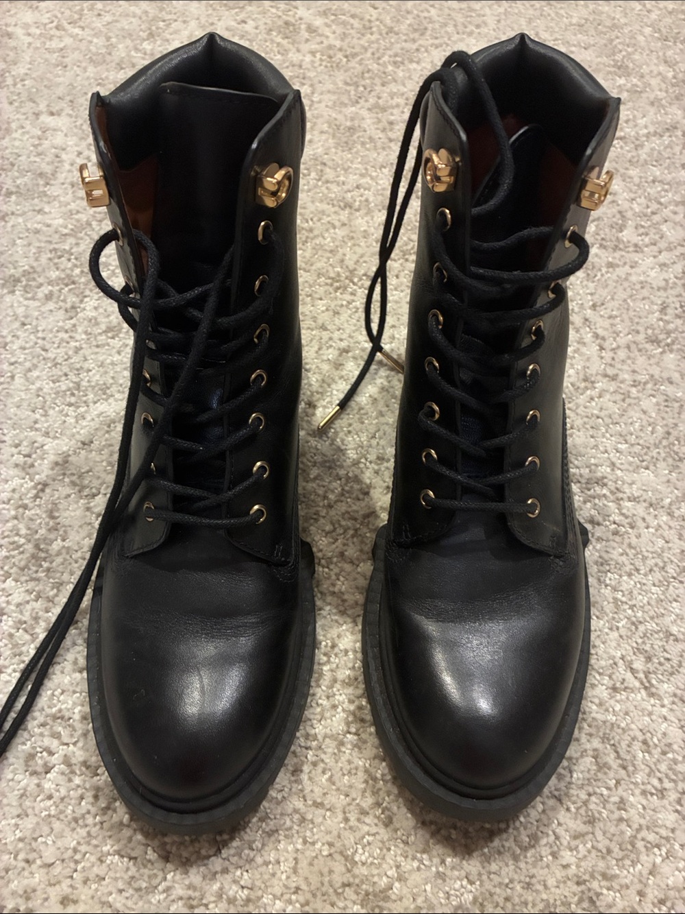 Coach Black Leather Combat Boots with Gold Hardware